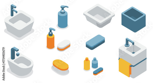Isometric bathroom accessories and fixtures collection with soap and shampoo dispensers