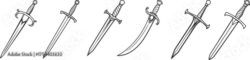 Set of black and white medieval swords and daggers in clean outline style. Collection features straight and curved blades with detailed hilts. Ideal for tattoo design, icons, or fantasy artwork.