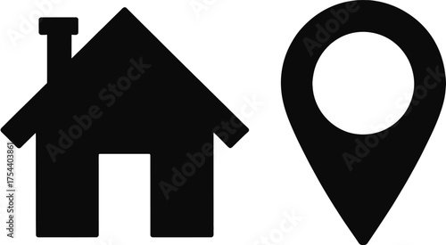 Vector illustration of a black house icon with a triangular roof next to a location pin for scalable eps graphics silhouette vector illustration white background