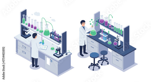 Scientists conducting experiments in modern isometric laboratory with advanced equipment