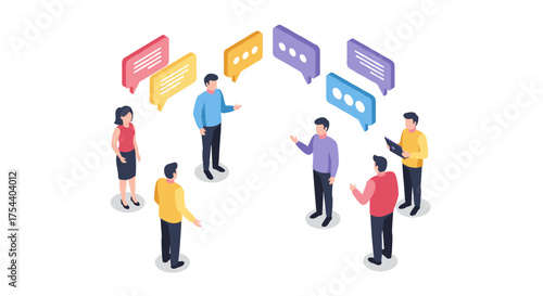 Isometric team discussion with colorful speech bubbles on white background