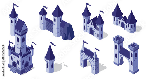 Isometric medieval castle collection with towers and walls