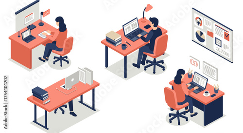 Modern office workspace in isometric style featuring diverse desk setups