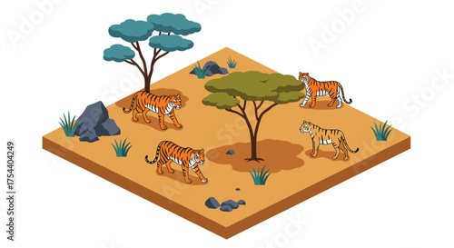 Isometric savanna with tigers and acacia trees in natural habitat scene