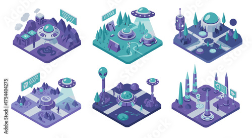 Futuristic isometric alien landscapes with ufos and sci-fi elements