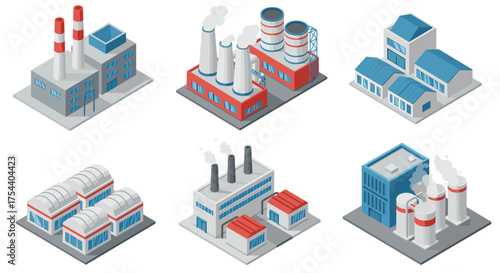 Industrial factory buildings isometric set with smoke stacks and warehouses