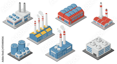 Isometric factory designs with smokestacks for industrial architecture concepts