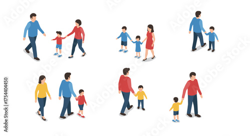 Isometric family walks: parents and children in casual outfits interaction