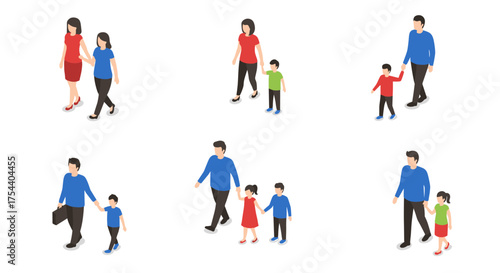 Isometric family walk: diverse parent-child interactions in casual outfits