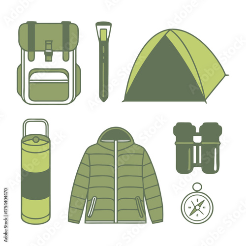 Essential camping gear collection for outdoor adventures backpack tent jacket binoculars compass