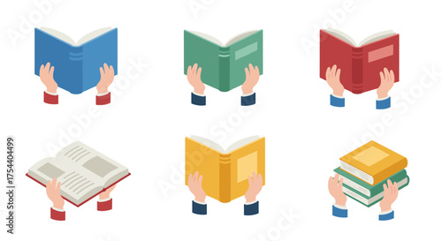 Colorful hands holding books in modern isometric design for education themes