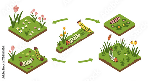 Isometric caterpillar growth stages on grass and floral platforms