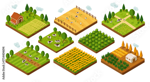 Isometric farm elements with fields, barn, cows, and crops