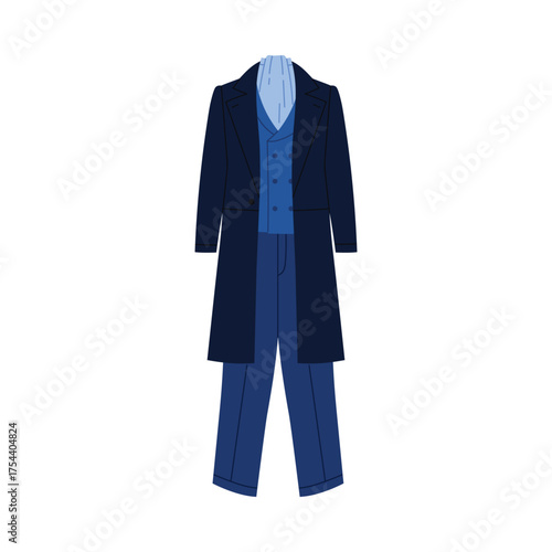Classic Victorian man formal suit with coat and cravat on white isolated background vector illustration