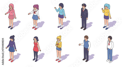 Diverse isometric characters in various outfits and professions