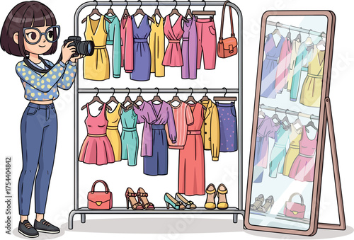 Fashionable woman with camera photographing clothes on a rack and mirror