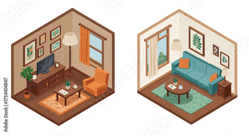Cozy isometric living room designs with modern furniture and decor elements