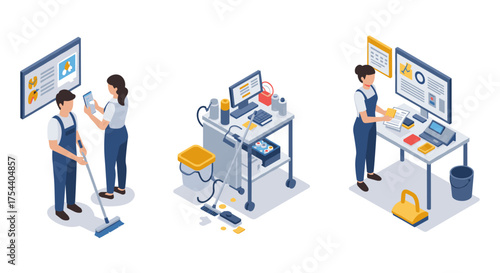Isometric office cleaning team using fixtures and equipment in three scenes