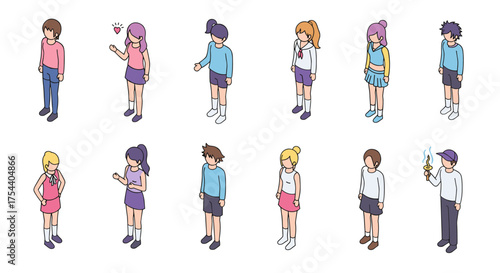 Isometric characters in casual outfits with unique hairstyles and cute accessories