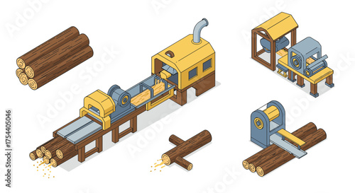 Isometric wood processing and sawmill machines with logs on white background