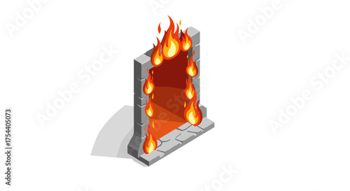 Isometric fiery portal with stone frame on white background