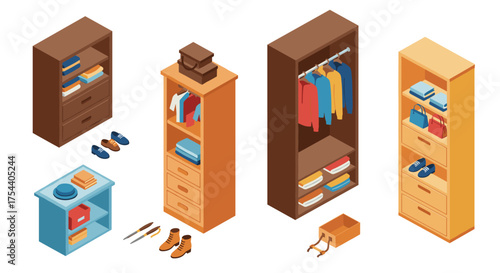 Isometric wardrobe essentials with shoes and accessories in modern style
