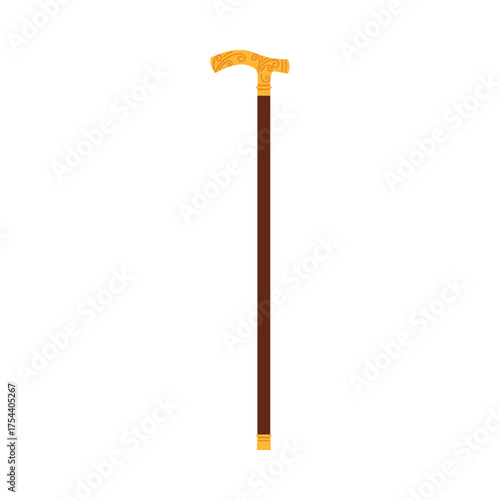 Elegant Victorian man cane with decorative handle on white background, isolated vector illustration