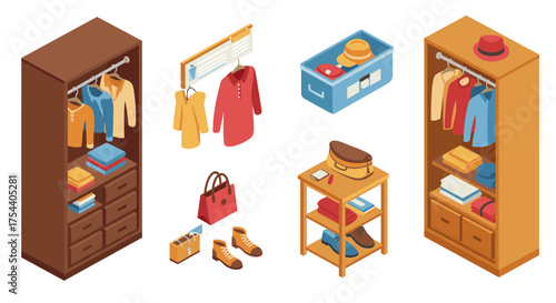 Isometric wardrobe organization with clothes, accessories, and storage solutions