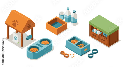 Isometric pet accessories and supplies for dogs and cats