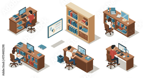 Office workspaces in isometric style with people working at desks and bookshelves