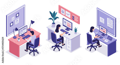 Isometric office workspace with people working at desks and computers