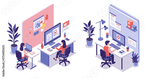 Remote workspaces with professional home office setups in isometric style