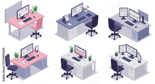 Isometric modern office desks with computers and accessories for professional workspaces