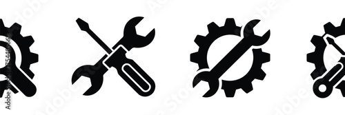 Clean minimalist vector illustration of four cogwheel and wrench icons for tools and repair services silhouette vector illustration white background