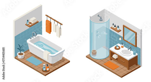 Modern isometric bathroom design with bathtub and shower in minimalist style