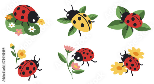 Colorful ladybugs exploring nature with flowers and leaves