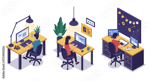 Creative office spaces with people working at desks in isometric style