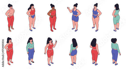 Diverse women in isometric poses wearing casual outfits
