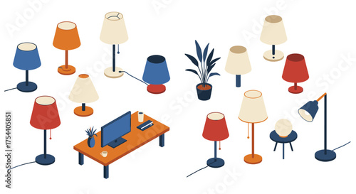 Isometric interior elements with lamps and plants on white background