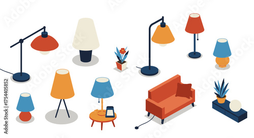 Isometric indoor lighting and furniture collection for modern interiors
