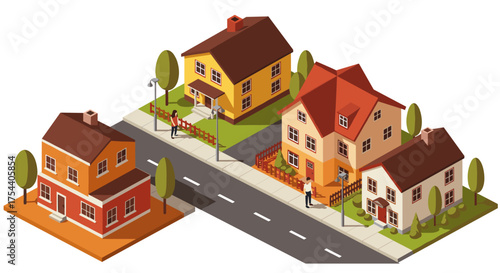 Charming isometric neighborhood with colorful houses and street