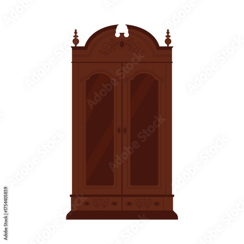 Elegant Victorian wardrobe with ornate details and dark wood finish isolated on white vector illustration