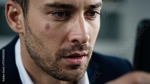 Close-up of a serious man with a mole on his cheek looking intently at something off-camera, possibly a screen or another person.