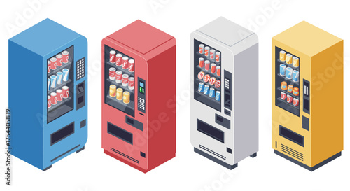 Colorful isometric vending machines with beverages on display