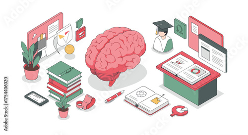 Isometric brain and education desk with books and learning tools