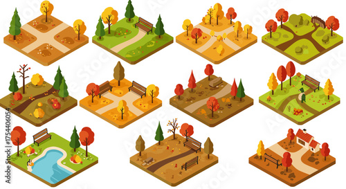 Isometric autumn park scenes with trees, benches, and pathways