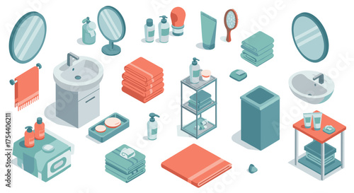 Isometric bathroom essentials collection with towels, sinks, mirrors, and toiletries in soft pastel colors