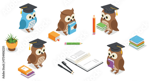 Cute isometric owls with graduation caps and school supplies in educational setting