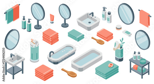 Modern isometric bathroom essentials with towel sets and vanity mirrors