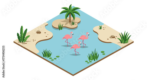 Isometric tropical oasis with flamingos in a tranquil lagoon